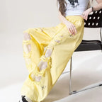 Milk yellow lace patchwork ripped jeans women's summer new high waisted drawstring star embroidered design wide leg pants