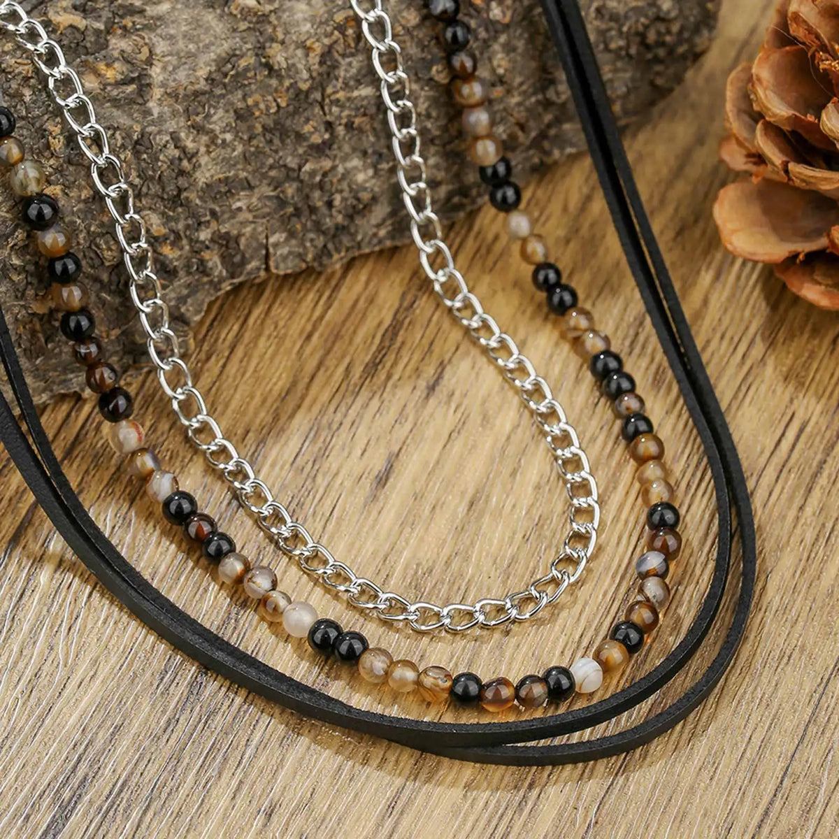 Rock Punk Layering Necklace for Men,Casual Vintage Beads Leather Collars,Birthday Party Jewelry Gift
