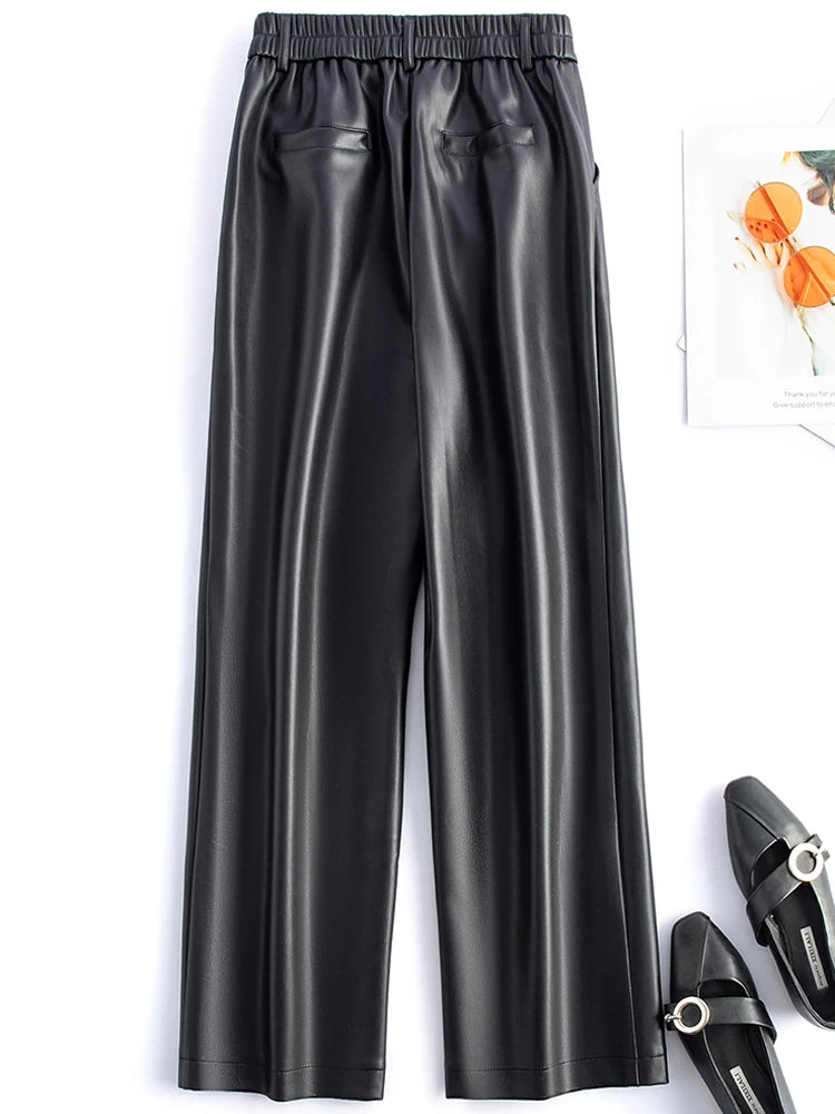 2025 autumn and winter new style leather pants elastic high waisted slim fit commute straight leg pants for women