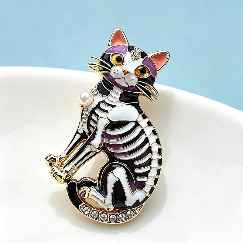 PENDRA Midnight Cat Skeleton Enamel Brooch