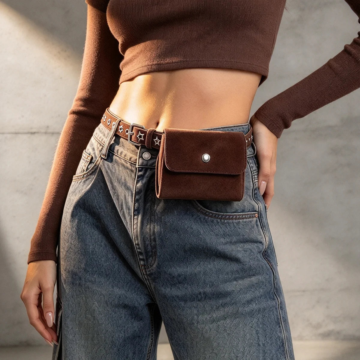 Punk Accessories suede Leather Belt Bag for Women  French Small Purse High-quality Retro Waist Bag Elegant Style Black Brown