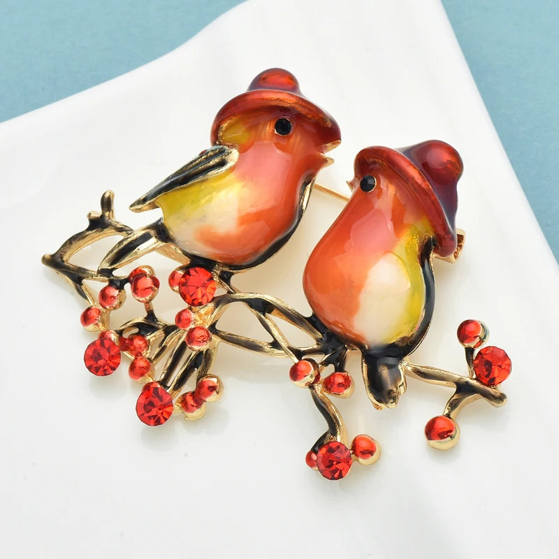Wuli&baby Cute Two Birds Brooches For Women 2-color Enamel Rhinestone Talking Bird Animal Party Office Brooch Pin Gifts