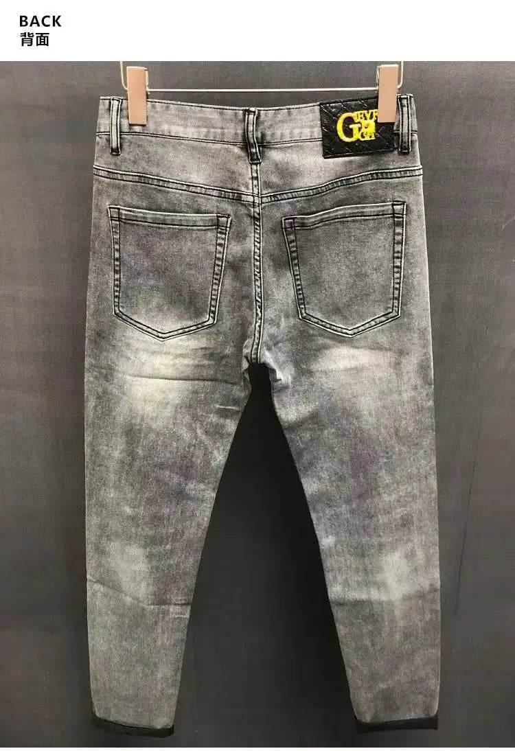 High-end Hot Diamond Jeans Men's Spring and Autumn Tide Brand Slim-fitting Small Feet Tiger Print Gray Casual Men Trousers Man