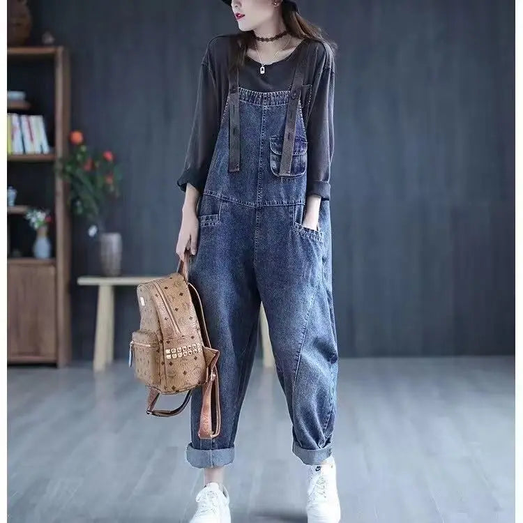 Minimalist jeans overalls women's spring new Korean version loose fit big pocket versatile trendy Harlan casual rompers