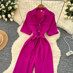 Fashionable casual lapel collar short sleeved cinched waist jumpsuit women's summer new solid color wide leg long pants