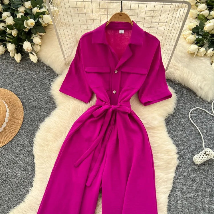 Fashionable casual lapel collar short sleeved cinched waist jumpsuit women's summer new solid color wide leg long pants