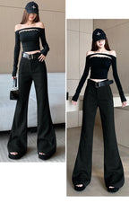 Retro solid color pants women autumn and winter high waisted casual and fashion versatile floor length flared trousers