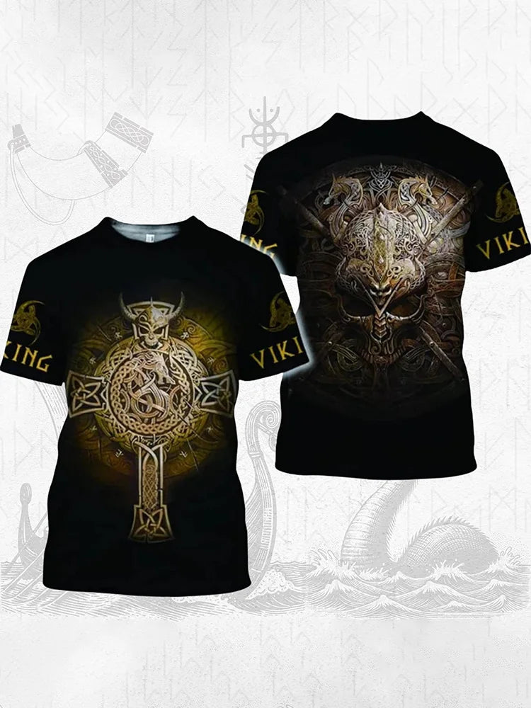 Viking-style Nordic Mythology Print Men's T-shirt Outdoor Street Sport Fitness Short-sleeved Shirt Daily Casual Fashionable Top