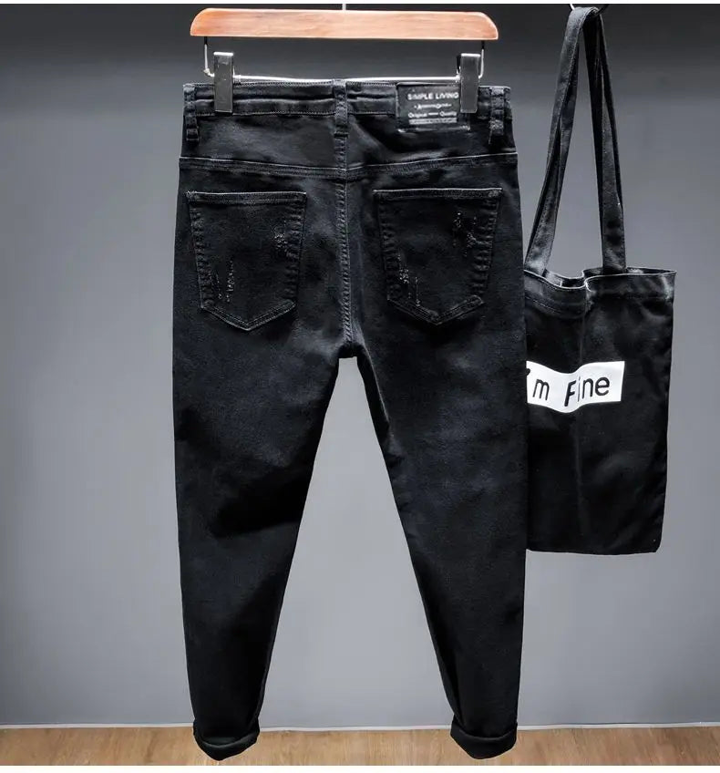 Spring New Ripped Jeans Men's Slim-fitting Elastic Simple Solid Casual Trousers Trendy Men's Trousers White Denim Jeans Hombre