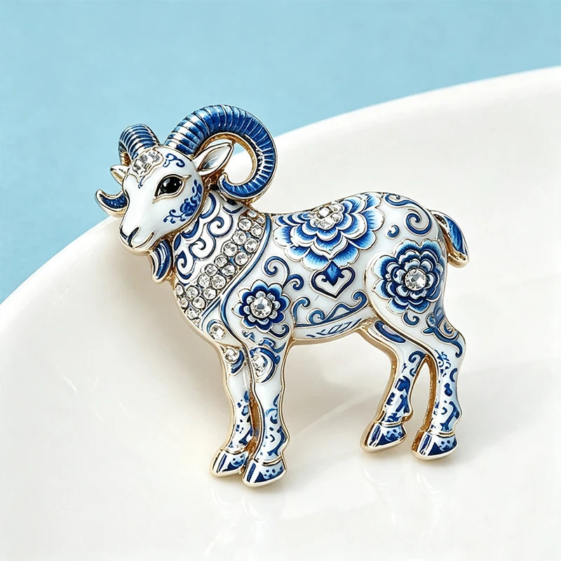 PENDRA Porcelain Goat Blue-and-White Brooch
