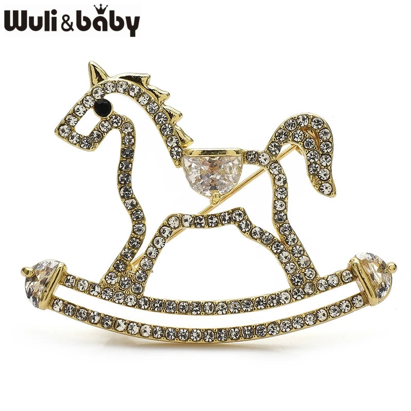 Wuli&baby Lovely Shining Rocking Horse Brooches For Women Lady 2-color Rhinestone Hobbyhorse Casual Party Brooch Pins Gifts