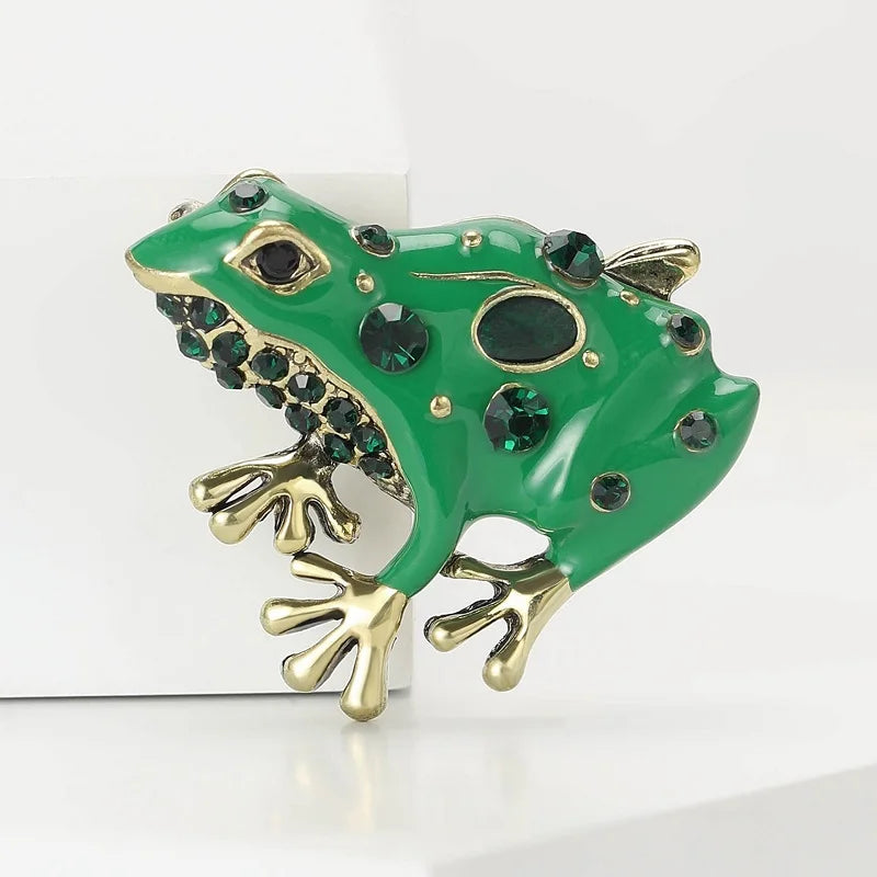 Wuli&baby Green Enamel Frog Brooches For Women Unisex Lovely Rhinestone Animal Party Office Brooch Pins Gifts