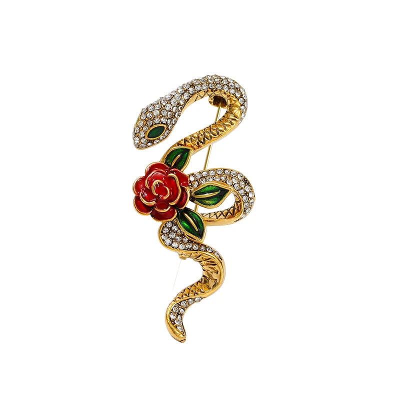 Wuli&baby Rhinestone Rose-flower Snake Brooches For Women Men 3-color Lovely Animal Party Brooch Pins Gifts
