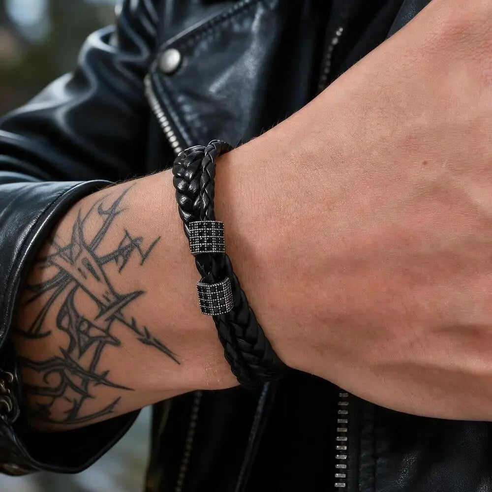 Black Braided Cord Bracelet for Men,Crystal Zircon Bead Charm Layered Punk Wristband,Streetwear Punk Casual Jewelry Gift