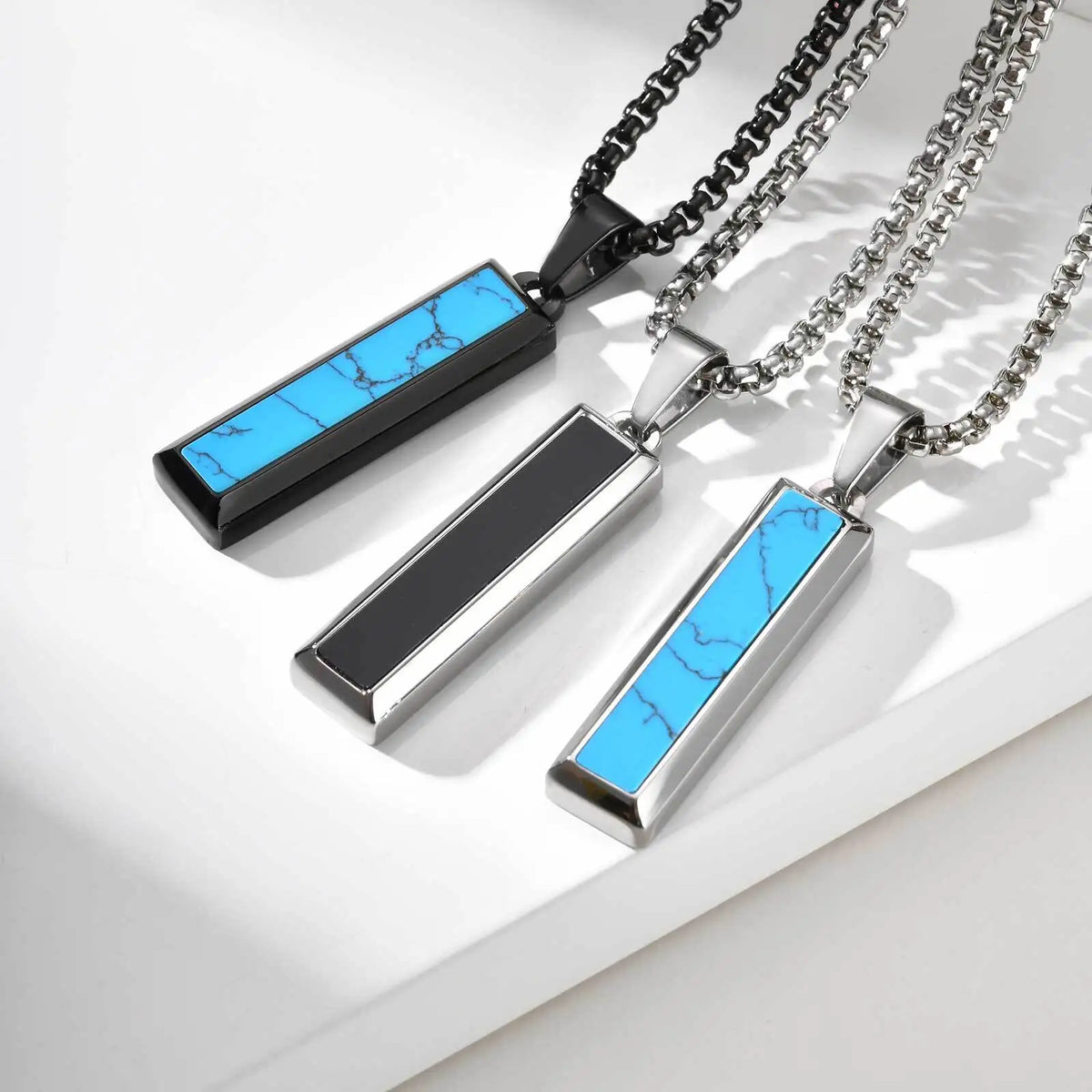 Punk Geometric Necklace for Men Boys,Stainless Steel Natural Turquoise Vertical Pendant,Birthday Partry Anniversary Father Gift