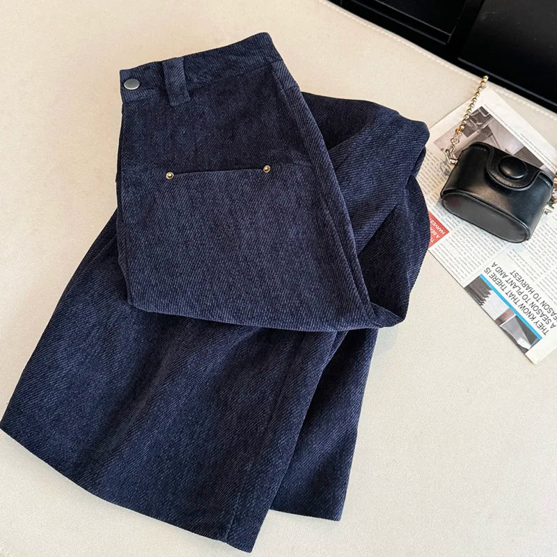 Deep blue wide leg casual pants women's autumn and winter 2025 new loose thick fashion versatile striped straight leg pants