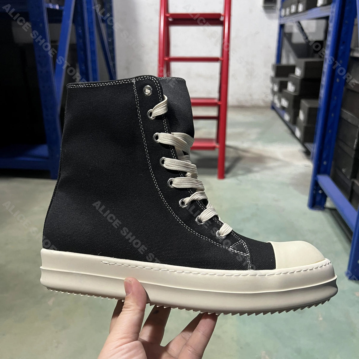 PENDRA Fringe Noir Black Canvas High-Top Zip Lace-Up Fringe Platform Ankle Boots