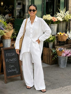 Women's White Linen Two-piece Set，Loose-fitting Turtleneck Low-waisted Button-down Shirt and Wide-leg Trousers; Casual Beach Cover-up and Street Style