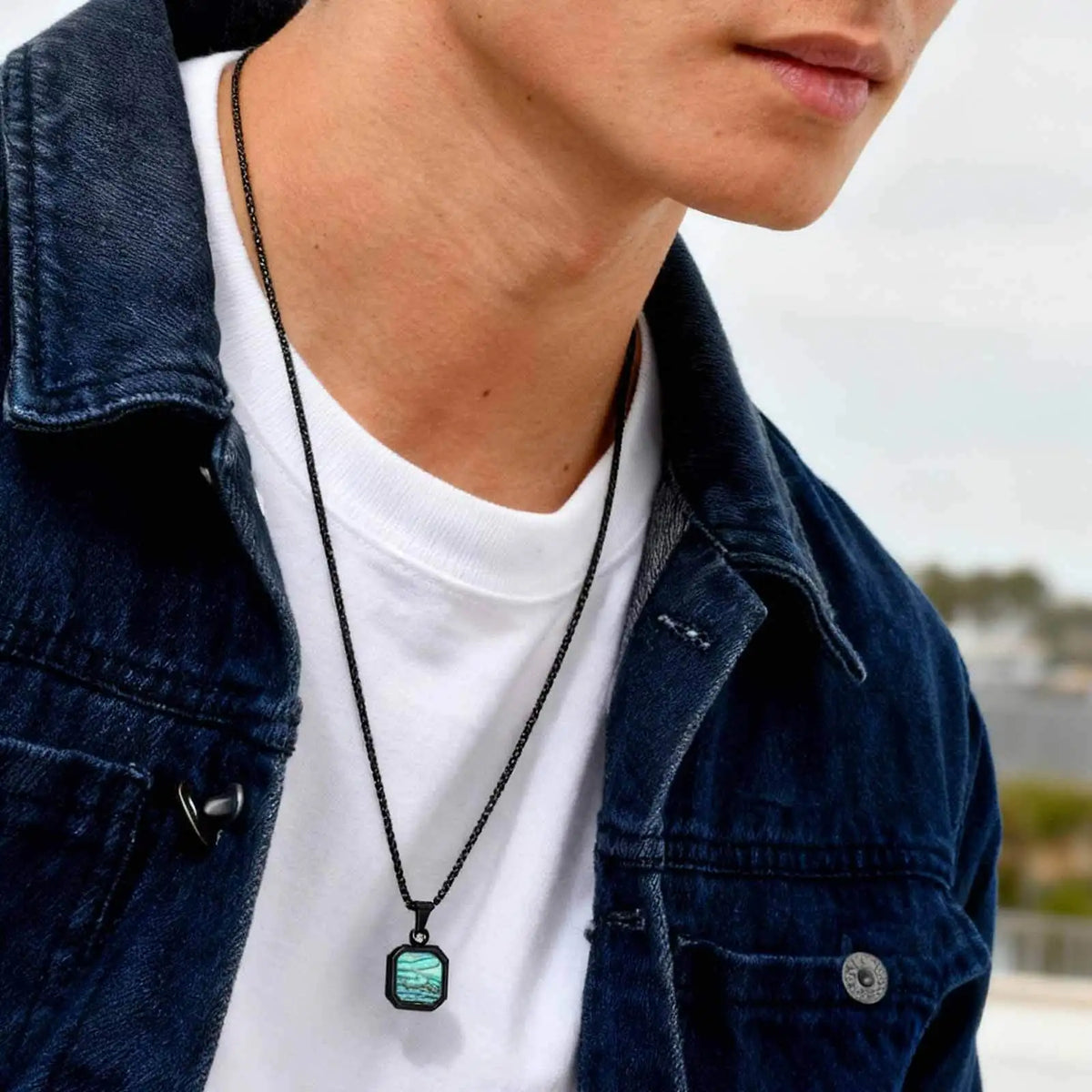 Trendy Men's Necklace,Square Abalone Shell Stainless Steel Necklace,Birthday Party Father Jewelry Gift