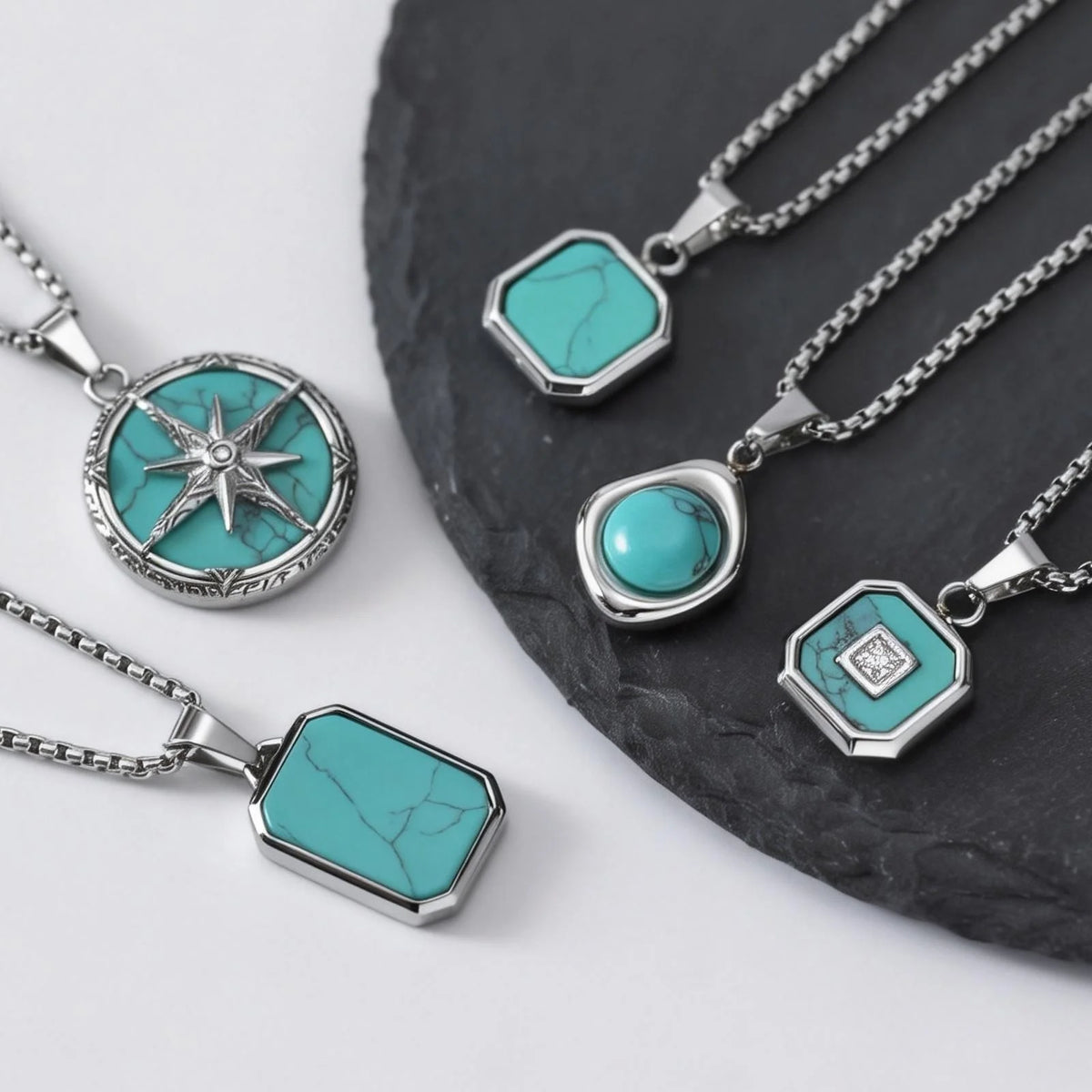 Blue Natural Stone Necklace for Men Boys,Waterproof Turquoise Square Pendant Necklace,Birthday Father Jewelry Gift