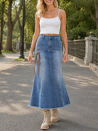 New Women's Mid-waist Stretch Washed Denim Skirt, Tie-waist Detail, Elegant Mermaid Midi Skirt, Spring/Summer Apparel