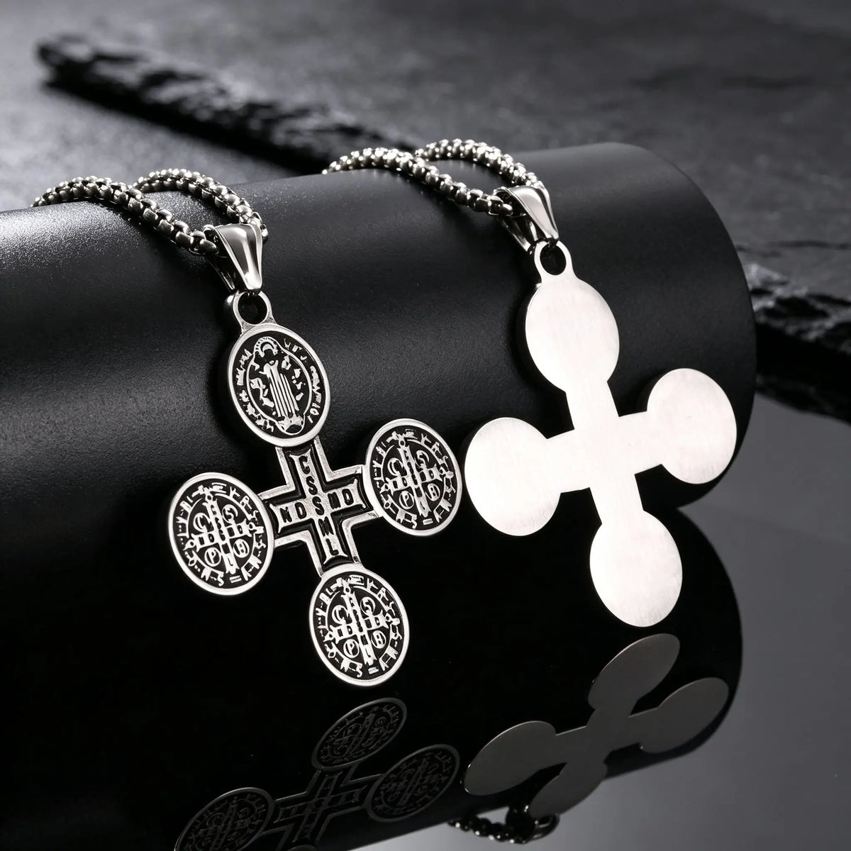 Saint Benedict Pendant Necklace for Men,Stainless Steel Religious Cross Pendant Necklace,Faith Prayer Jewelry