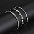 3pcs Silver Color Men's Bracelet,Waterproof Stainless Steel Wheat Chain Bracelet,Simple Casual Jewelry Gift