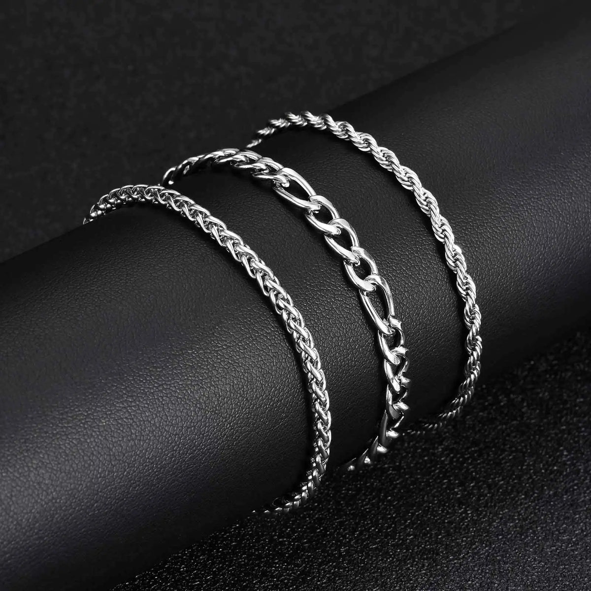 3pcs Silver Color Men's Bracelet,Waterproof Stainless Steel Wheat Chain Bracelet,Simple Casual Jewelry Gift