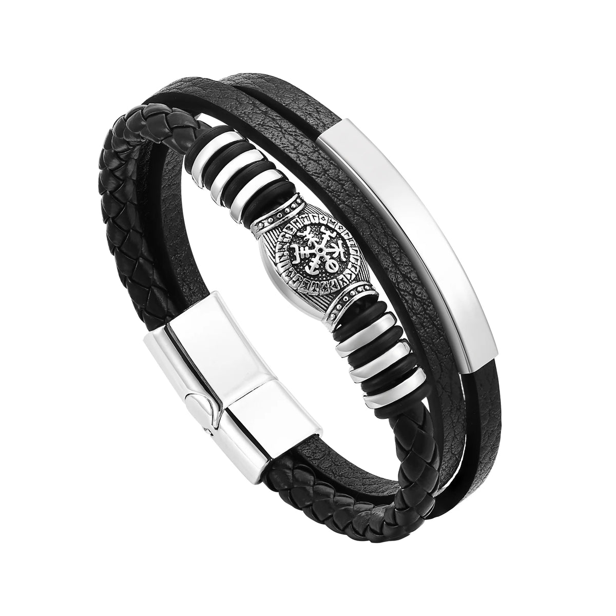 Mprainbow Viking Rune Compass Multi-layer Leather Bracelets for Men, Clasp Wristband Vintage Norse Male Amulet Jewelry
