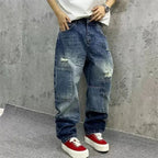 Brand Splicing Jeans Autumn Fashion Loose Straight Harem Pants Washed Tooling Baggy Trousers Low Rise Streetwear Men Cargo Jeans