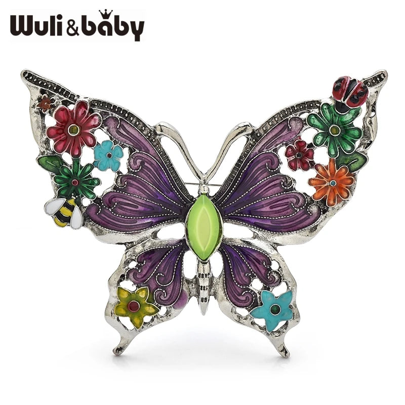 PENDRA Floral Butterfly Enamel Brooch