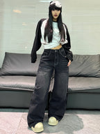 American Retro Spider Web Embroidery Design Black Loose High-Waist Jeans Women Y2K Street Fashion Versatile Wide-Leg Pants