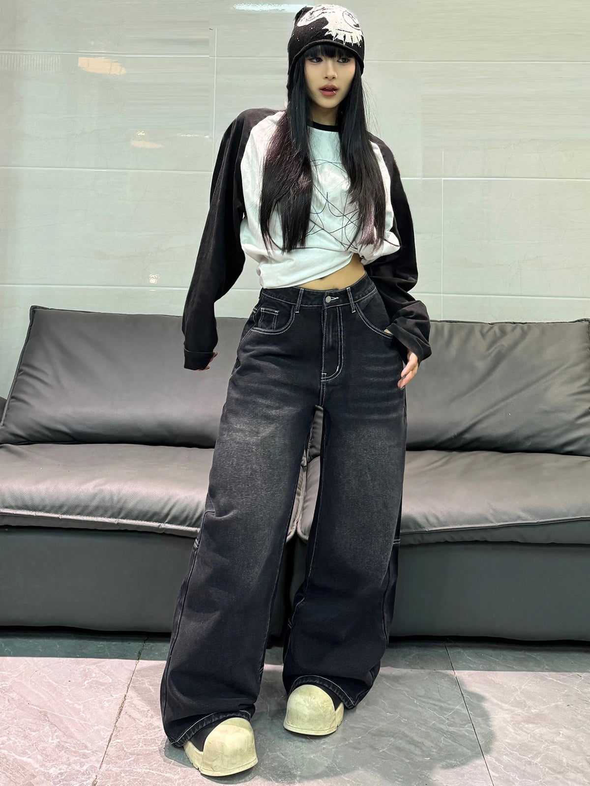 American Retro Spider Web Embroidery Design Black Loose High-Waist Jeans Women Y2K Street Fashion Versatile Wide-Leg Pants