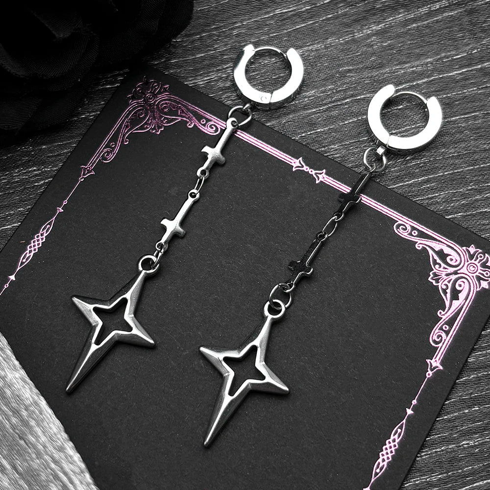 Punk Star Cross Earrings For Women Korean Y2K  Rock Grim Stainless Steel Silver Color Hollow Drop Ear Hooks Jewelry Accessories