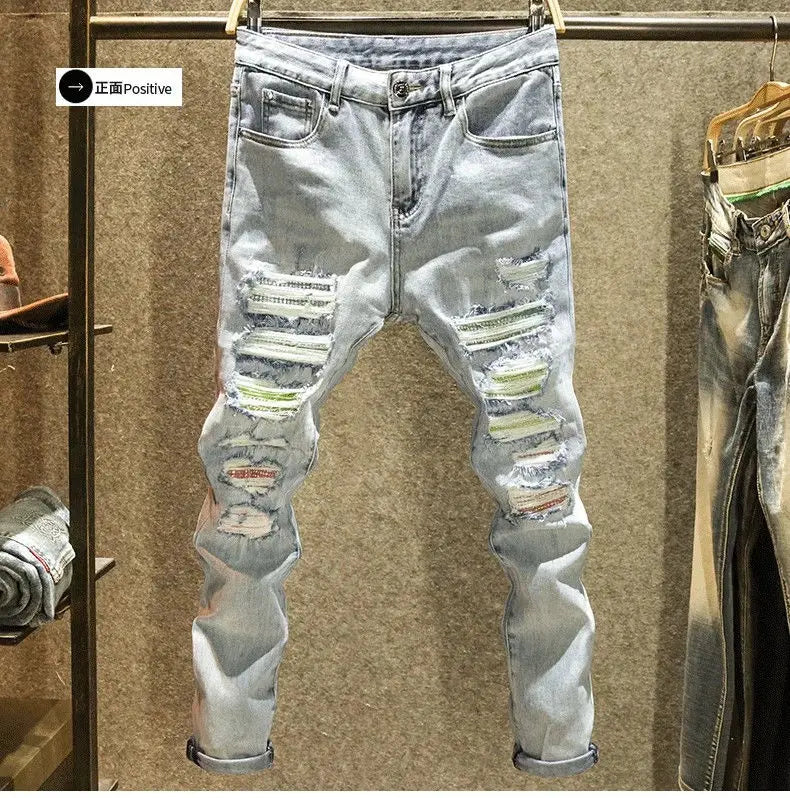 2025 Summer Ripped Jeans Men's Slim-fitting Small Feet Elastic Trousers Trendy Brand Fashion Scratched Patch Cargo Beggar Pants