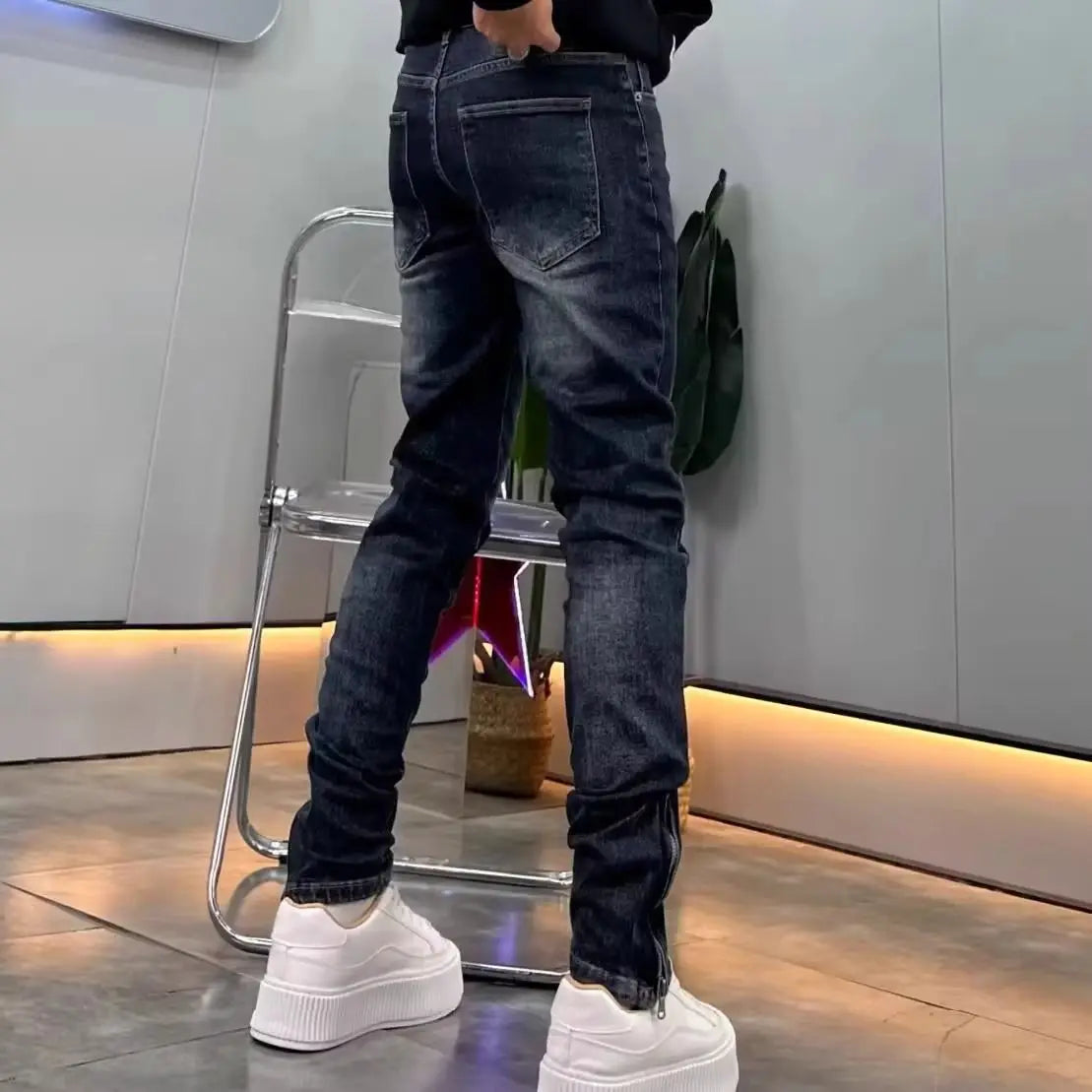 High-end 2026 Dark Blue Foot Zipper Jeans Men's Slim-fitting Small Straight Trendy Fashion Elastic Cargo Casual Trousers Male