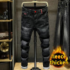 Winter Pants Brushed Denim Fabric Korean Style Clothes Luxury Street Men's Boots Cut Stretch Slim Plush Wool Thicken Jeans Pants