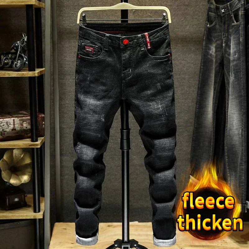Winter Pants Brushed Denim Fabric Korean Style Clothes Luxury Street Men's Boots Cut Stretch Slim Plush Wool Thicken Jeans Pants