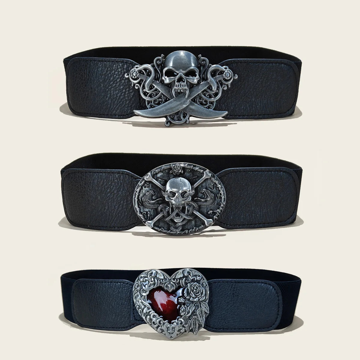 Gothic Skull Metal Buckle Elastic Corset Belt for Women Wide Waistband for Dress and Coats Punk Accessories Black Girdles Winter