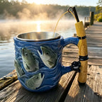 Funny Fishing Rod Handle Coffee Mug 3D Fishing Embossed Stainless Steel Cup for Men Collect Decor Family Ornament Collection