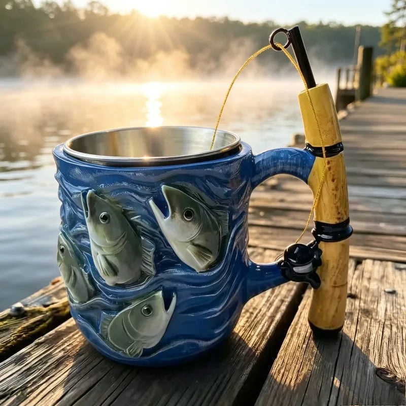 Funny Fishing Rod Handle Coffee Mug 3D Fishing Embossed Stainless Steel Cup for Men Collect Decor Family Ornament Collection
