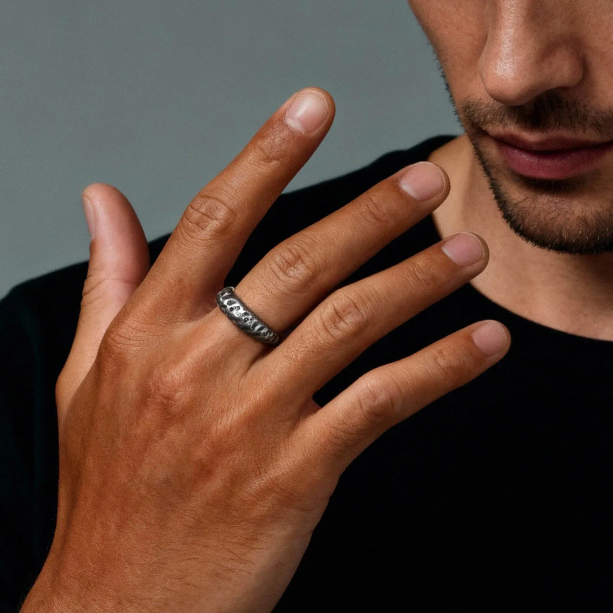 Vintage Handmade Casting Ring for Men Boys,Stainless Steel Irregular Concave Ring,Punk Niche Retro Grey Bend Ring