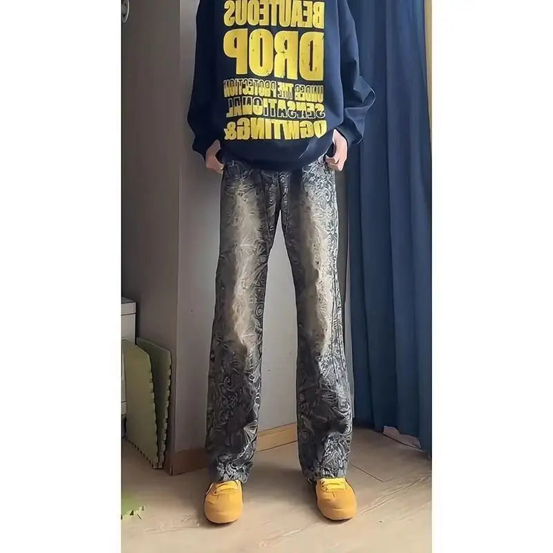 Luxury Men's Trousers 2026 Trend Beauty Coffee Washed Men's Embroidery Slim Design Micro Baggy Straight Pants Flare Jeans