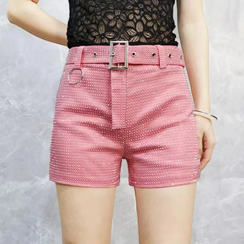 Rhinestone Shorts Women Wide Leg Shorts High Waist Sexy New Fashion Elastic Waist Diamond Casual Hot Pants Female belt