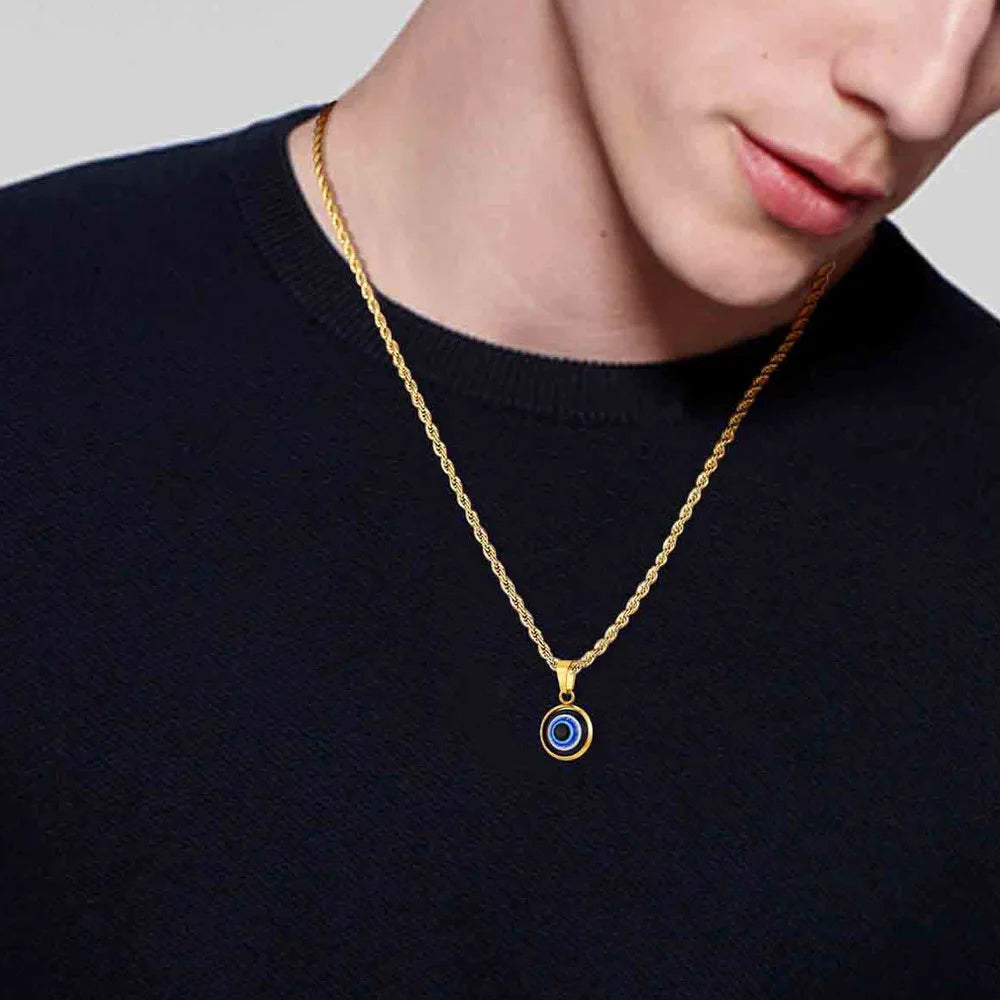 Casual Evil Blue Eye Necklaces for Men Boys,Stainless Steel Round Pendant ,Ethnic Turkish Amulet Gifts Jewelry