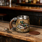 3D Embossed Duck Hunting Mug - Stainless Steel, Pistol Grip Handle, Vintage Outdoor Coffee Cup for Hunters & Wildlife Lovers