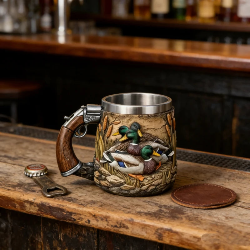 3D Embossed Duck Hunting Mug - Stainless Steel, Pistol Grip Handle, Vintage Outdoor Coffee Cup for Hunters & Wildlife Lovers