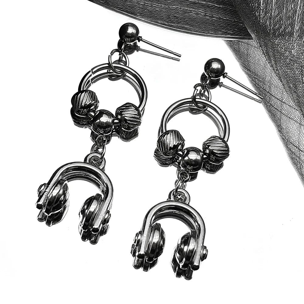 Hiphop Headset Musical Earrings Women Men Stainless Steel Silver Color Circle Dark Punk Male Y2K Drop Ear Rings Jewelry Gifts