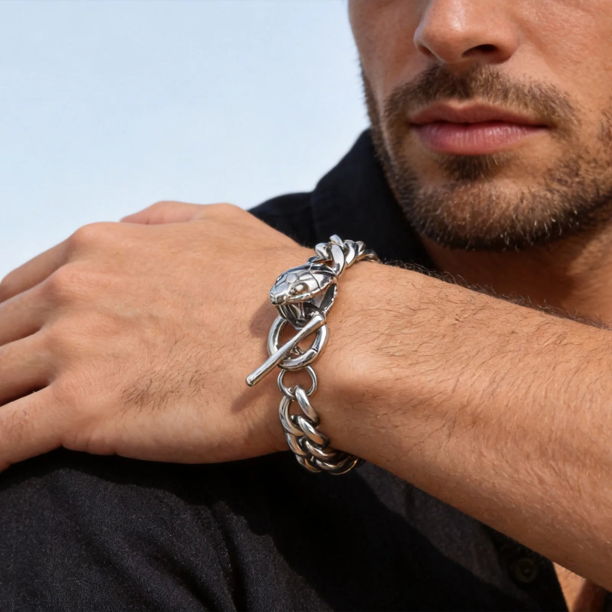 Rock Punk Men's Snake Head Chain Bracelet,11MM Stainless Steel Thick Chain Wristband,Birthday Party Gift for Him