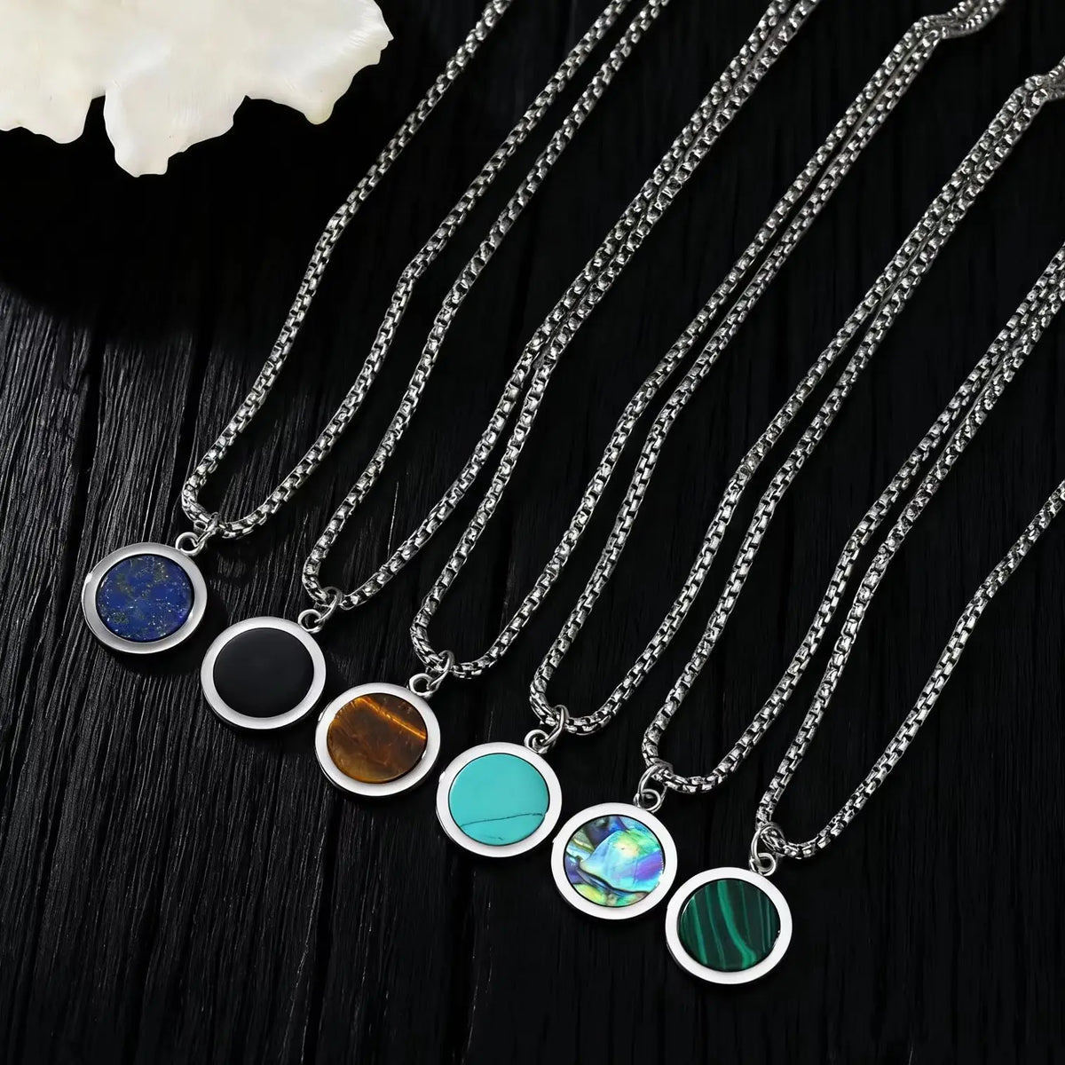 Hiphop Round Natural Stone Necklace for Men,Waterproof Stainless Steel Pendant Necklace,Birthday Party Father Gift